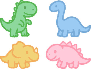 Cute baby dinosaur stickers set, various poses and colors, cartoon prehistoric animal illustration, playful design elements for kids.