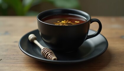 Black cup of herbal tea with honey stick on wooden table surrounded by green foliage