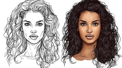 Ingelijste posters Een lijn Two portraits of women  one black and white line drawing, one colored  same facial features, different hair styles  © siti.h