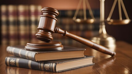 A judge's gavel rests on legal books with a golden scale in the background, symbolizing justice and law.