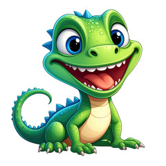 Fototapeta premium Colorful cartoon baby dinosaur with big bright eyes smiling happily with playful expression, set against a plain background, for children?s books and animation