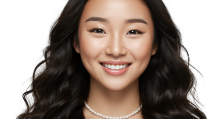 Smiling asian woman with long wavy hair and pearl necklace isolated on transparent background