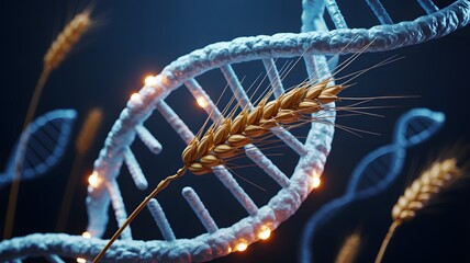 Golden wheat intertwined with a glowing DNA helix, symbolizing genetic modification in agriculture