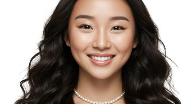 Smiling asian woman with long wavy hair and pearl necklace isolated on transparent background
