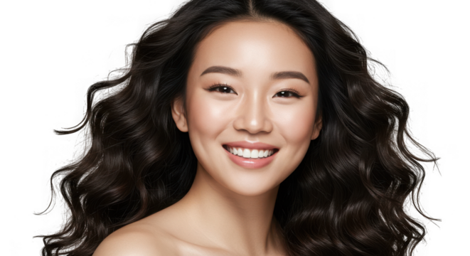 Beautiful asian woman with long wavy dark hair smiling happily isolated on transparent background