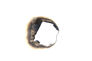 Realistic burned hole on transparent paper with scorched edges and smoke marks. Perfect for themes of fire, danger, damage, or aged effects in graphic design and digital projects.