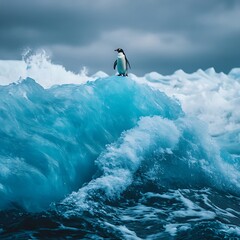 Obraz premium Penguin stands still as waves rise behind rock high resolution picture