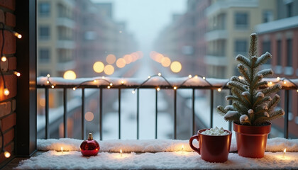 Christmas banner mockup. Winter window scene with hot chocolate and snow