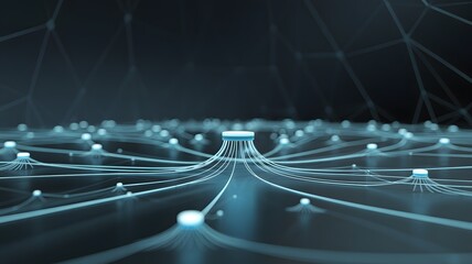 A futuristic network of glowing nodes interconnected by luminous lines, set against a dark, geometric background