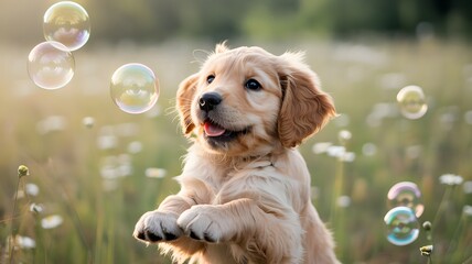 Adorable golden puppy joyfully chasing bubbles in a sunlit meadow featuring puppy, bubbles, meadow