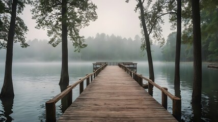 Fototapeta premium A serene lakeside pier leads to calm water with trees in soft light fog.