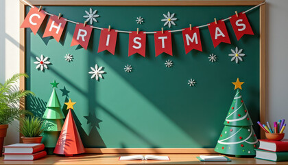 Christmas banner mockup. Blank school board decorated for Christmas season