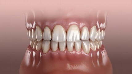 A highly detailed 3D rendering of a human jaw with perfectly aligned white teeth and pink gums.