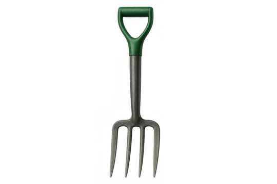 Studio shot of a gardening fork with green handle isolated on transparent background, perfect for agriculture and gardening visuals