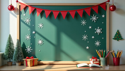 Christmas banner mockup. Festive green chalkboard with snowflakes and pencils
