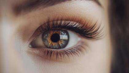 Close-Up Macro Shot Of Female Eye With Long False Eyelashes And Black Eyelash Extensions For Makeup And Beauty Enhancement.