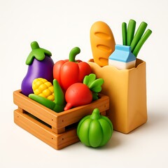 Clay vegetables and bread in a grocery bag and wooden crate