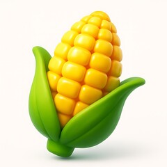 Bright yellow corn cob with green leaves on a white background