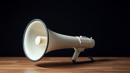 Megaphone placed on a wooden surface against a dark background.