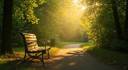 Fototapeta premium A tranquil park bench sits beside a sunlit path in a lush green forest, bathed in the warm, golden glow of the morning sun