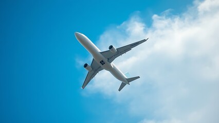 Airplane climbing into a clear blue sky, leaving white contrails against a backdrop of soft clouds.
