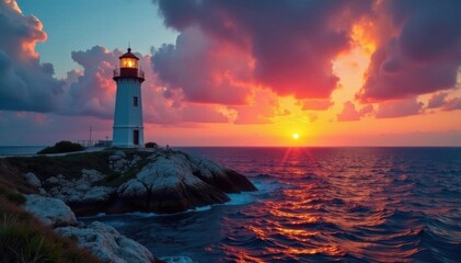 Savudrija lighthouse sunset, dramatic sea view, clouds, lighthouse, sunset