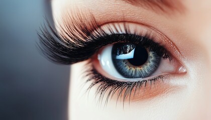 Obraz premium Close-Up Macro Image Of Female Eye Featuring Excessively Long Fake Eyelashes And Black R. Eyelash Extensions. Beauty, Makeup, And Cosmetics Focus.