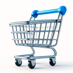 Miniature metal shopping cart with blue handle on white background