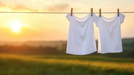 Handcrafted and Organic Concept. White T-Shirts Hanging on a Clothesline Against a Beautiful Sunset Background in Nature