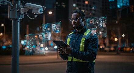 Smart City Security Technician Monitoring Surveillance System at Night