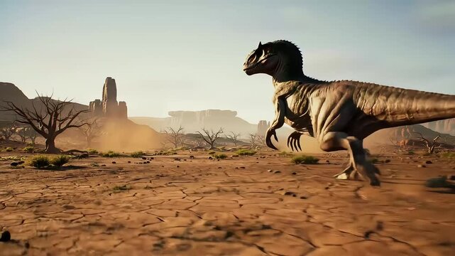 Dinosaur Run Prehistoric Predator on the Hunt in a Desert Landscape