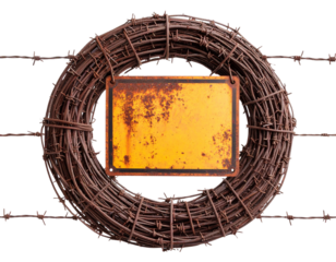  Industrial Barbed Wire Coil with Dangling Rusty Metal Sign, isolated on transparent background.