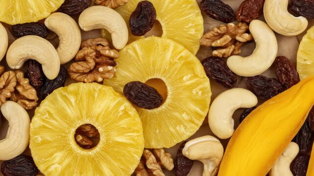 A vibrant overhead shot displays a mix of dried fruits, nuts, and sliced pineapple.  The colorful ingredients are arranged close-up, highlighting textures