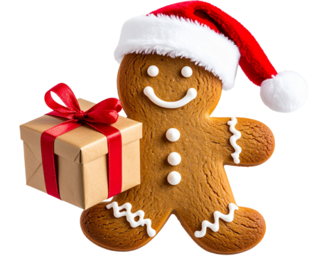 Gingerbread Man with Frosted Santa Hat and Gift Box, Angled Front View, Isolated