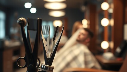 Barber shop scene highlighting hairstyling tools in warm ambient light.