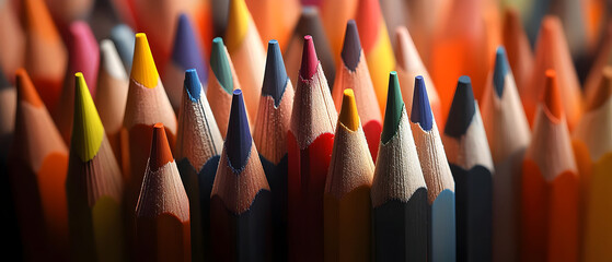 Close-up of colorful colored pencils, tightly packed, vibrant hues, pointed tips