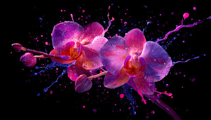 Fototapeta na wymiar vibrant pink paint splash with orchids in explosive color burst neon botany electric flora glowing orchid illustration