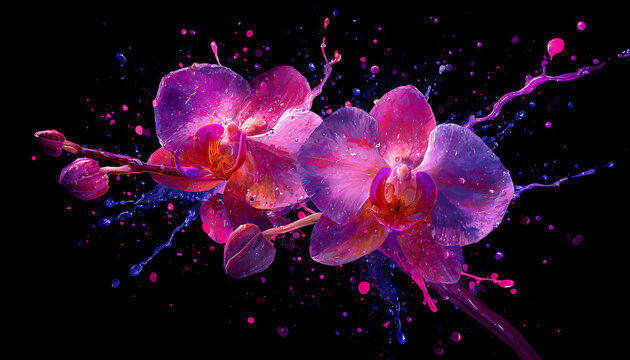 vibrant pink paint splash with orchids in explosive color burst neon botany electric flora glowing orchid illustration