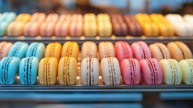 Colorful assortment of French macarons in pastry display, vibrant sweet dessert cookies in rows of pastel and bright tones