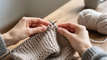 Hands knitting chunky beige wool with metal needles, close-up view of cozy handmade project on wooden table