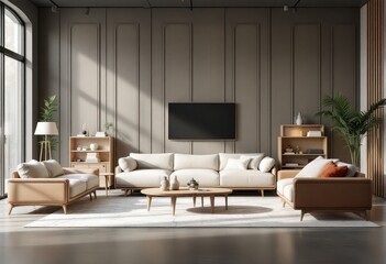 A modern living room furnished with light beige sofas and a wooden coffee table.