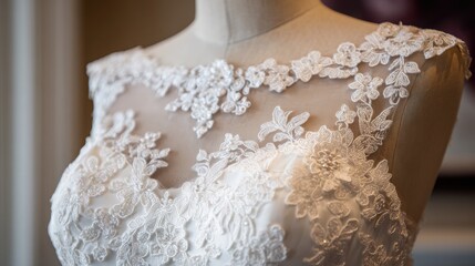 Elegant Bridal Gown with Intricate Lace Detailing and Sheer Neckline