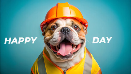 Happy day bulldog in hard hat and safety vest