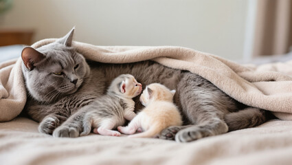 Mother cat cuddling two newborn kittens under warm beige blanket, cozy domestic moment with gentle feline care