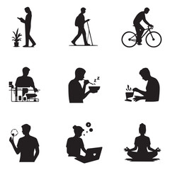 Vector art of silhouettes illustrating diverse daily activities including reading, hiking, cycling, eating, and meditating