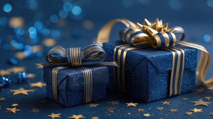 blue gifts with gold bows and ribbons