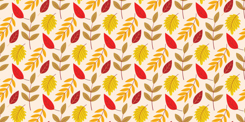 Colorful autumn cozy seamless pattern. Natural fall mood background with leaves. Foliage autumn aesthetics, vector graphic