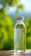 Close-up front view of transparent water bottle with condensation on outdoor table, blurred natural background, white plastic cap, soft daylight studio lighting, bokeh effect, high detail, green and b
