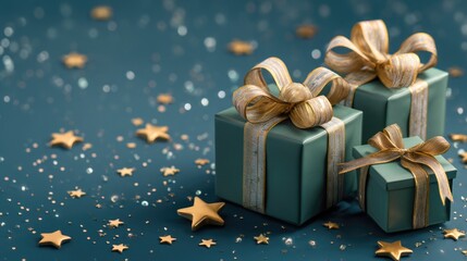 green gifts with gold bows and ribbons