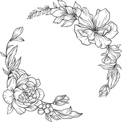 Graceful botanical wreath with hand drawn blooms and leaves, forming a balanced arc of organic elegance. Ideal for nature inspired, minimalist creative themes
